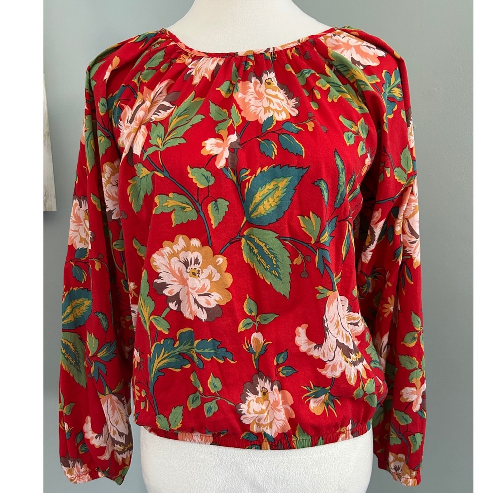 Catherine Malandrino Red Floral Peasant Long Sleeve‎ Blouse Boho Style XS